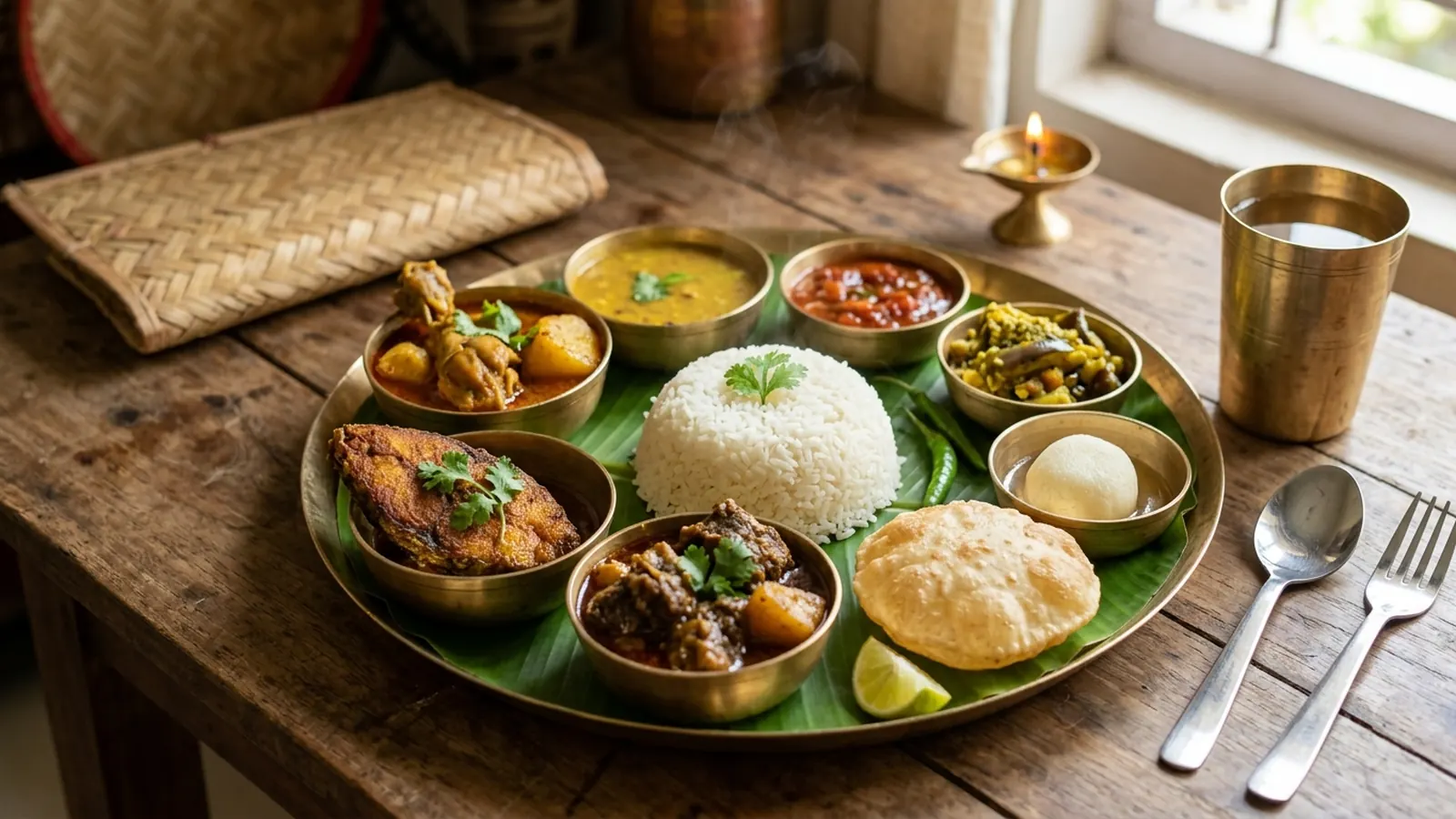 A Bengali thali on a brass plate — rice, dal, fish curry, mutton, begun bhaja, chutney and a rosogolla, laid on a banana leaf